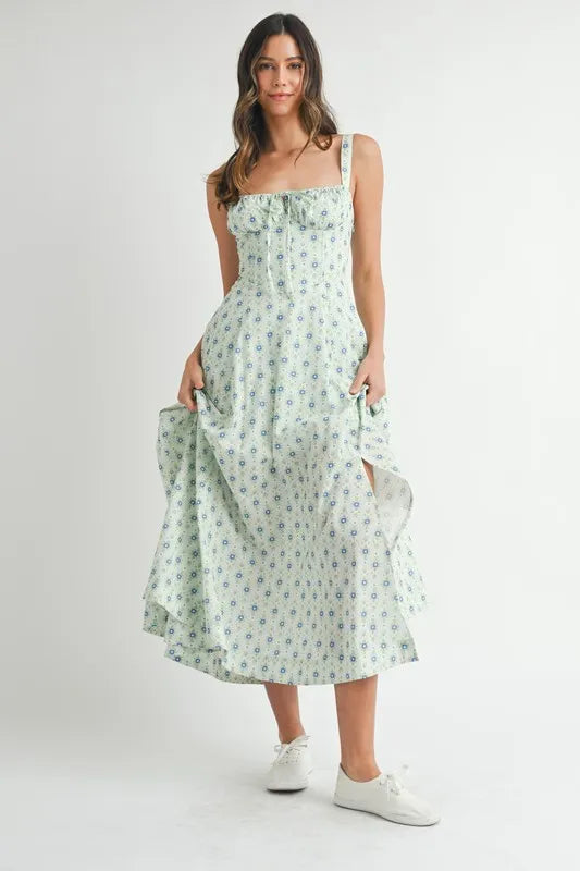 Olwen Floral Print Bustier Back Lace Up Midi Dress — view 7