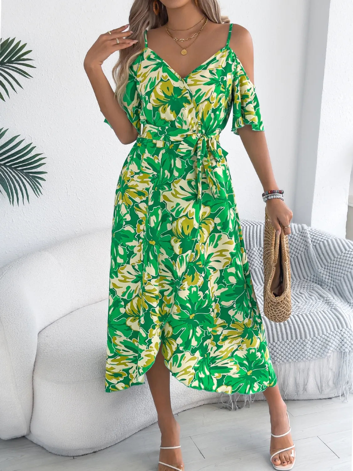 Venus Printed Cold Shoulder Midi Cami Dress — view 13