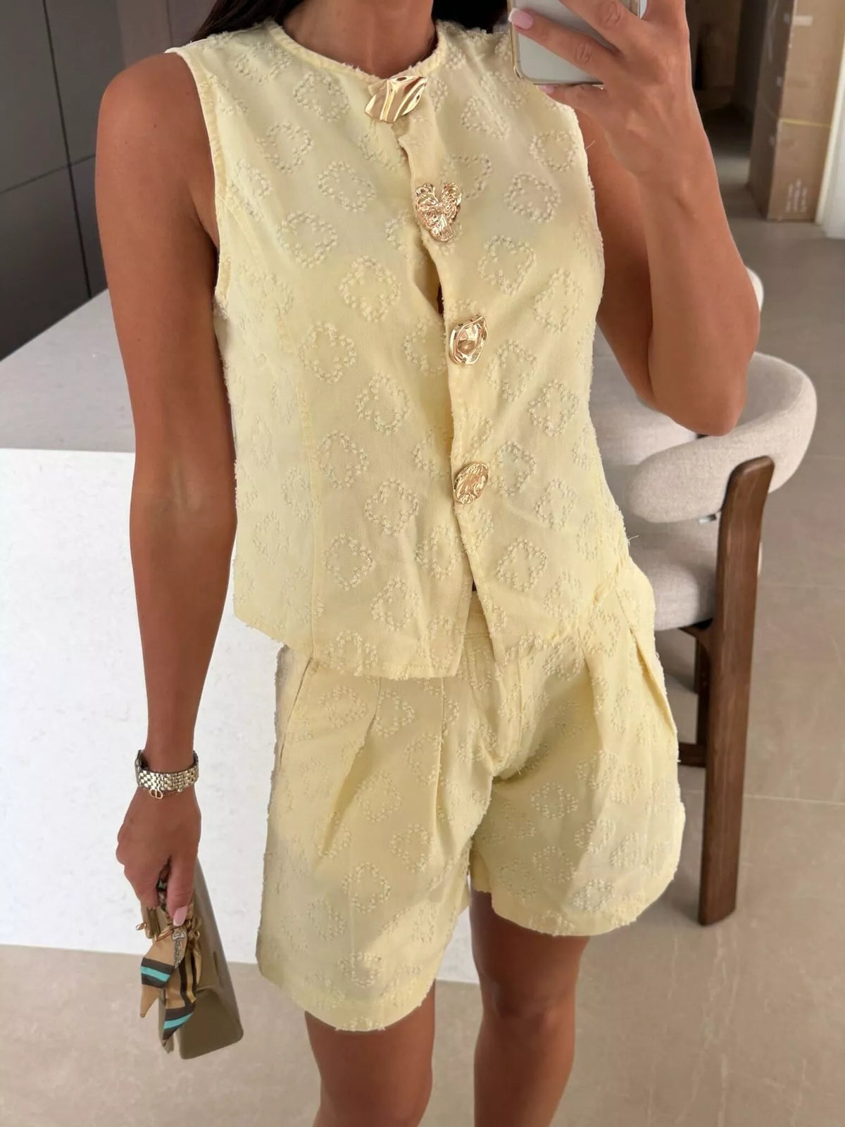 Oshun Embossed Vest and Shorts Denim Set with Gold-Tone Buttons — view 8