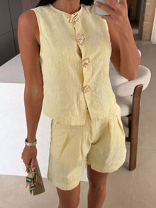 Oshun Embossed Vest and Shorts Denim Set with Gold-Tone Buttons — thumbnail 8