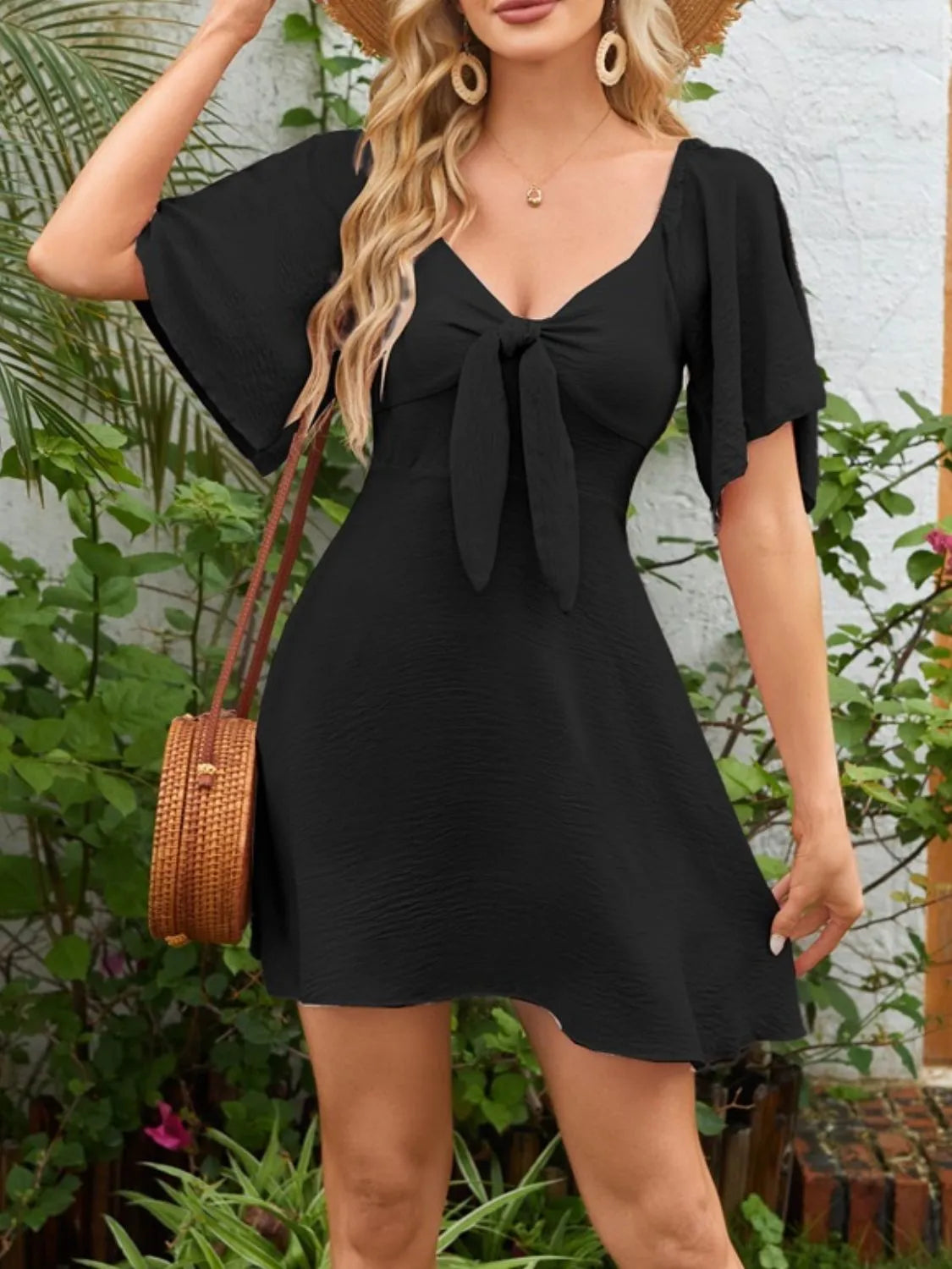 Aurora Smocked Back Knotted Flutter Sleeve Dress — view 14