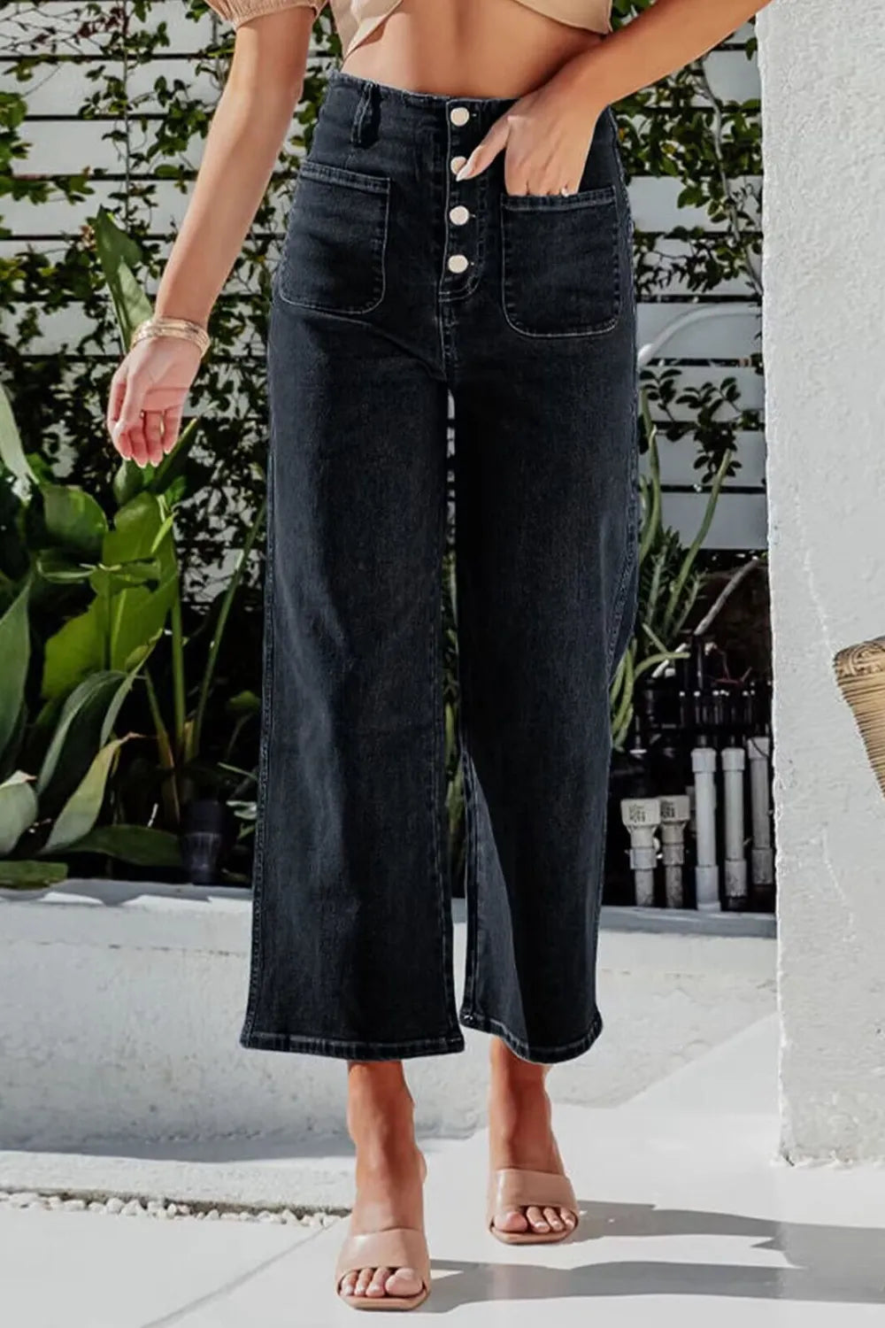 Lakshmi Button Fly Cropped Wide Leg Jeans — view 8