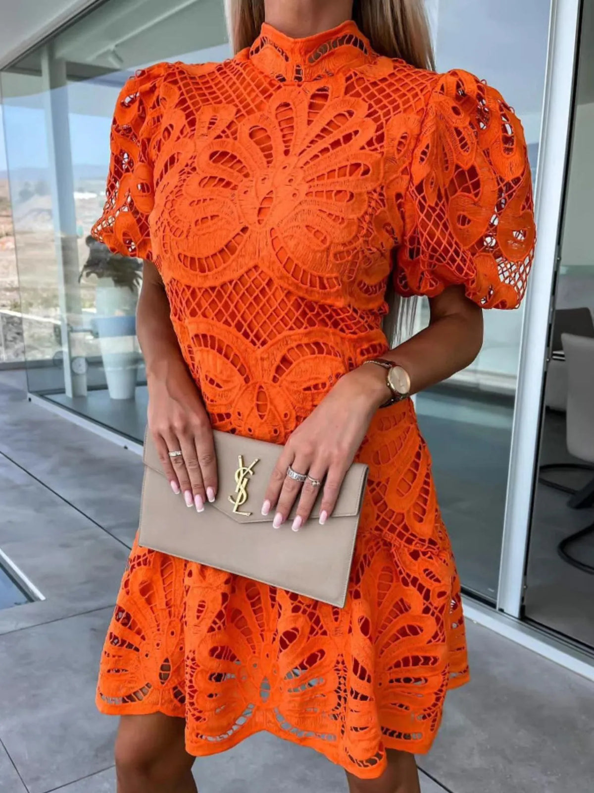 Selene Lace Mock Neck Puff Sleeve Dress — view 9
