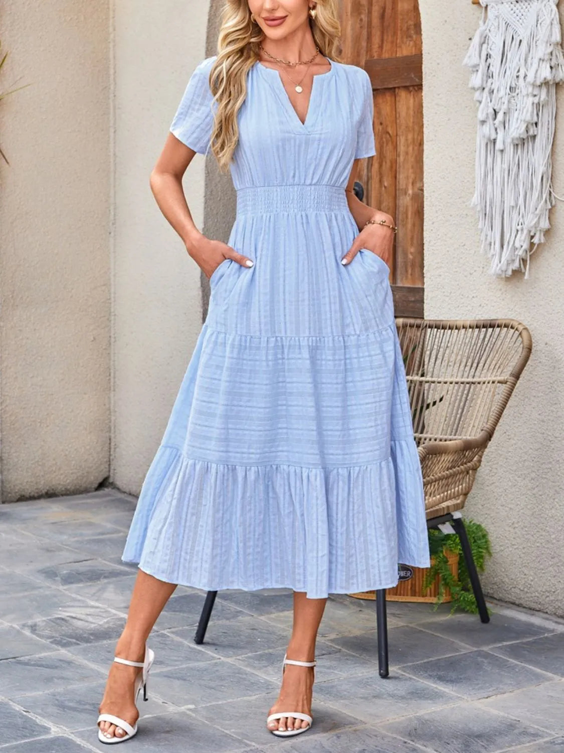 Sekhmet Tiered Notched Short Sleeve Dress — view 4