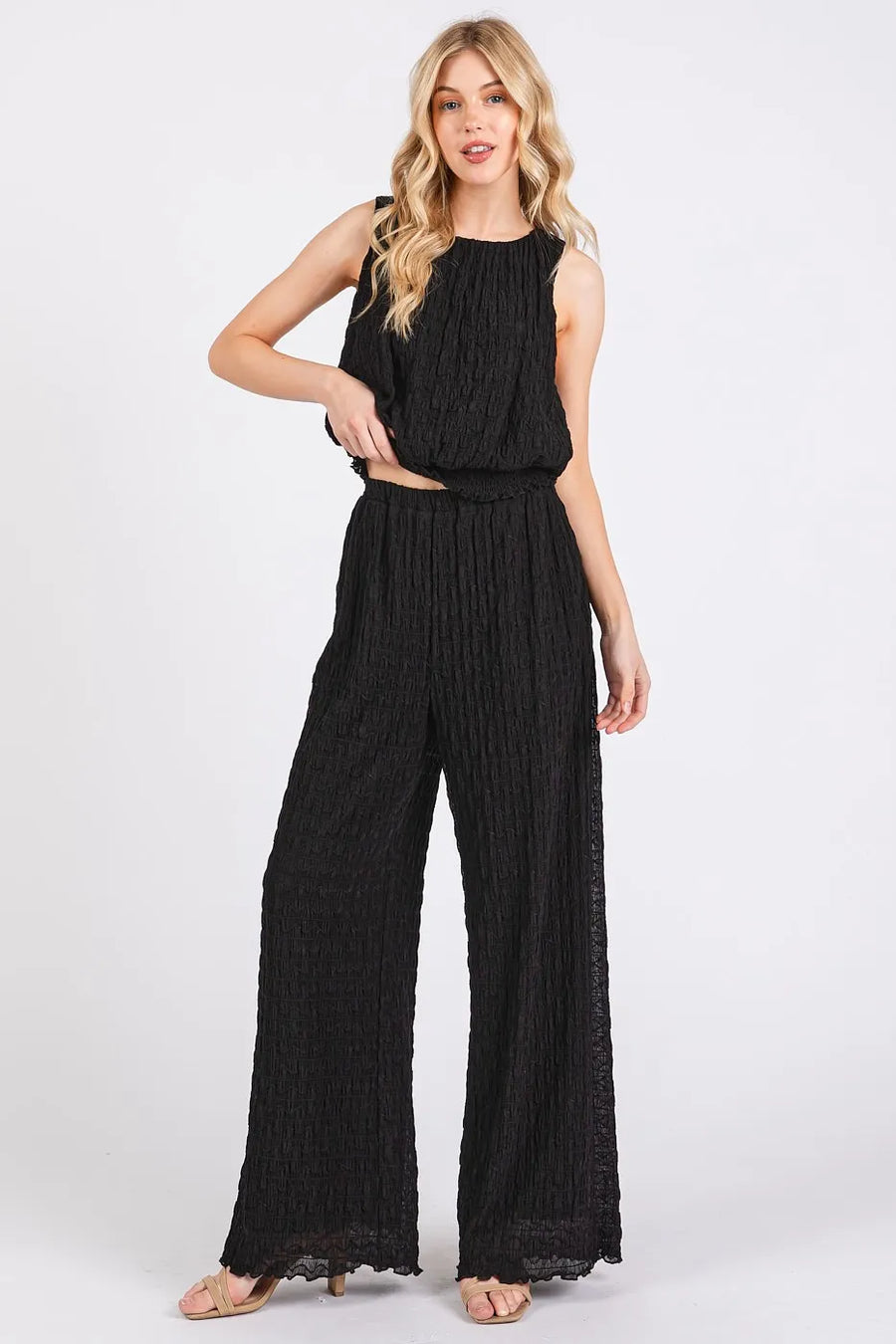 Sekhmet Textured Stretchy Crop Tank and Pants Set styled in the studio