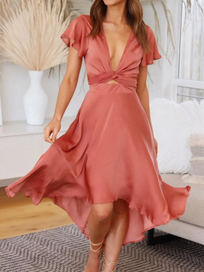Pele High-Low Plunge Flutter Sleeve Dress