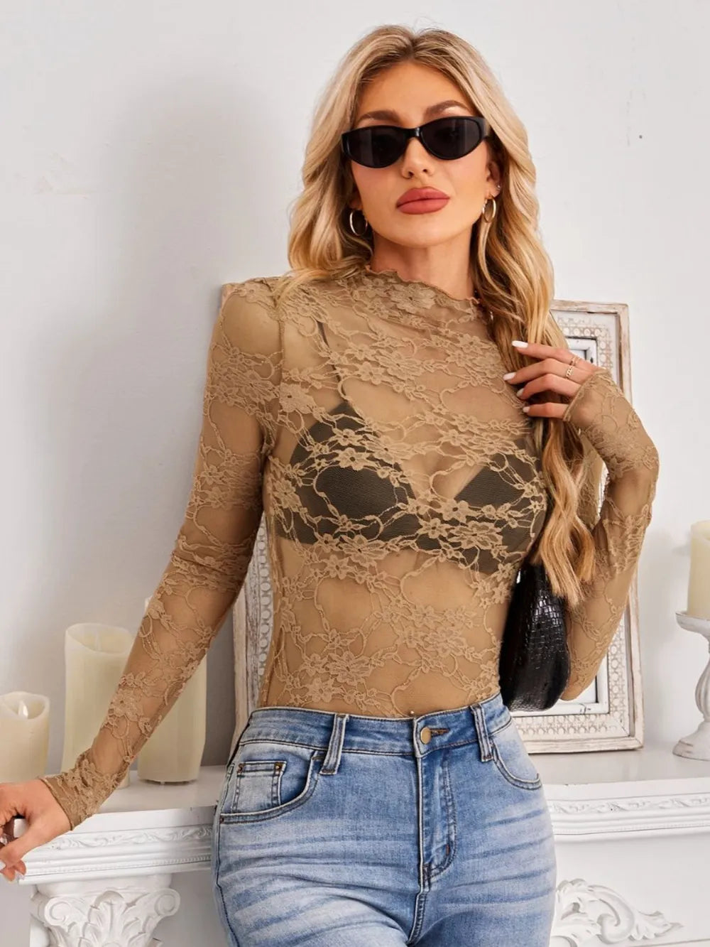 Morrigan Mock Neck Long Sleeve Lace Sheer Top — view 20
