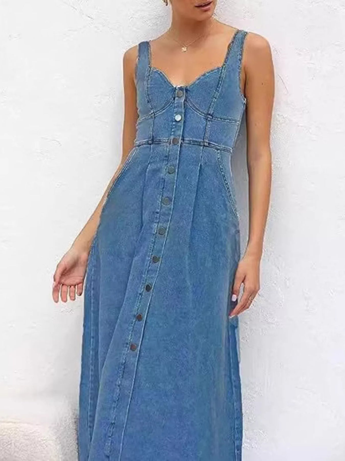 Artemis Smocked Back Button Front Denim Midi Dress — view 4