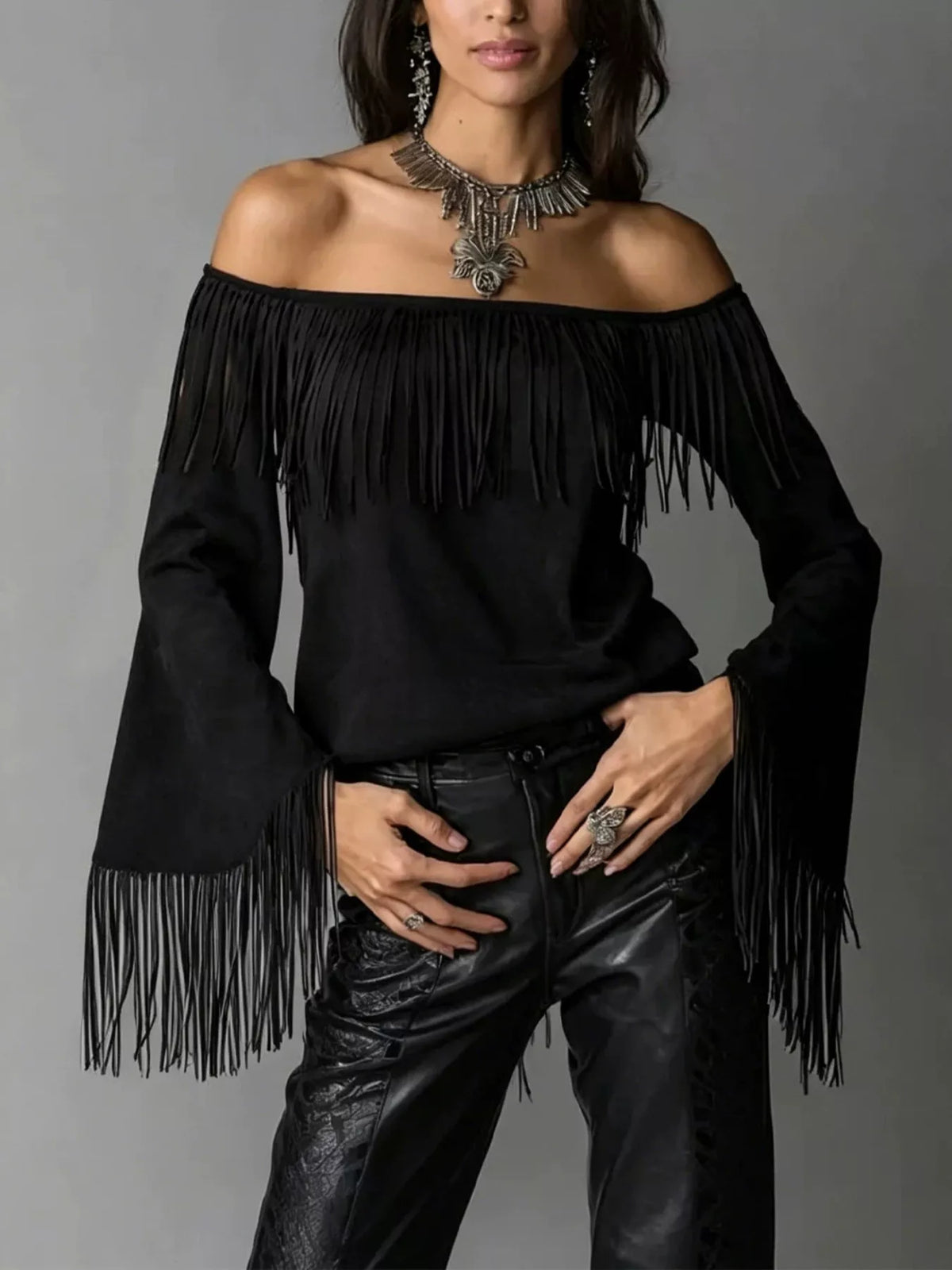 Freya Fringed Off-Shoulder T-Shirt — view 5