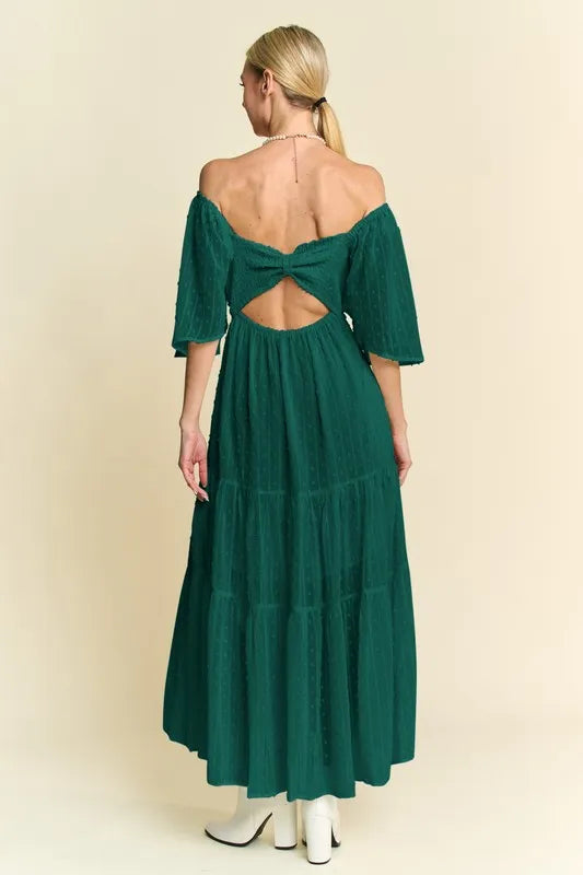 Venus Swiss Dotted Ruched Ruffle Open Back Midi Dress styled in the studio