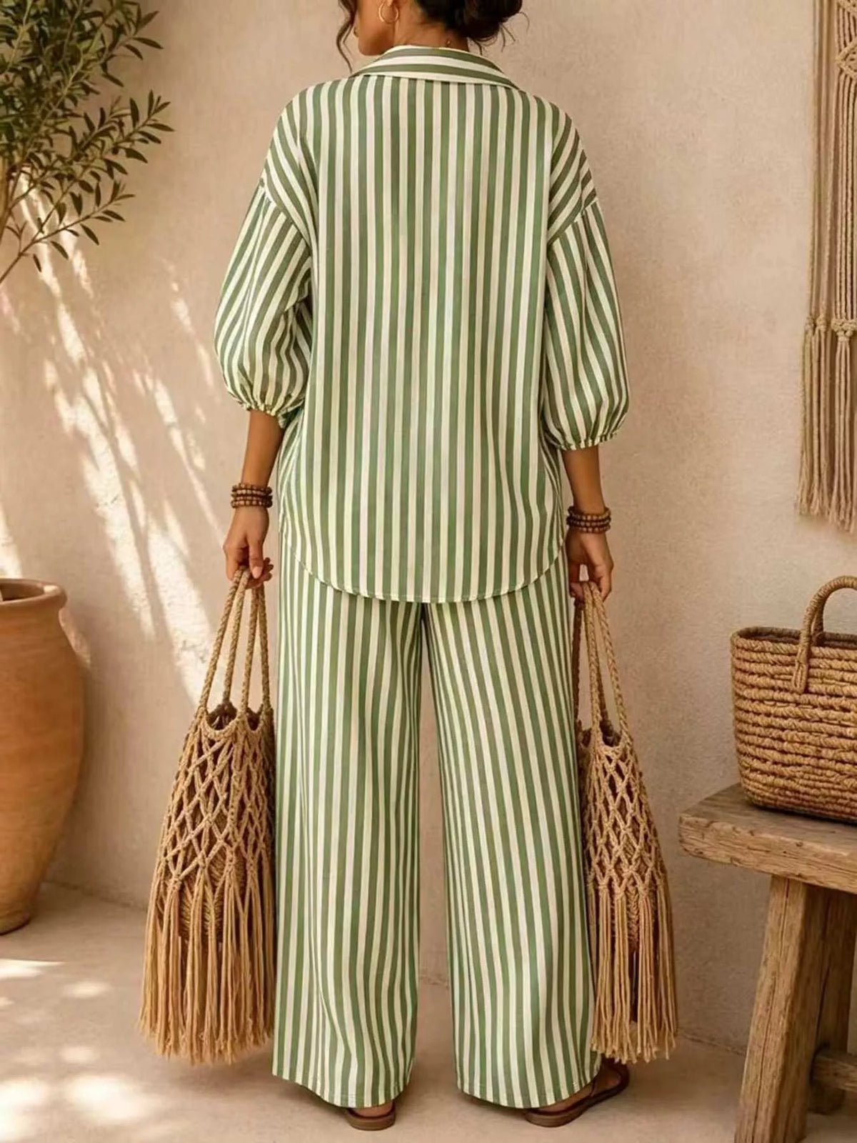 Gaia Striped Puff Sleeve Shirt and Wide-Leg Drawstring Pants Set — view 15