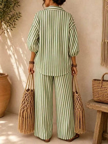 Gaia Striped Puff Sleeve Shirt and Wide-Leg Drawstring Pants Set — thumbnail 15