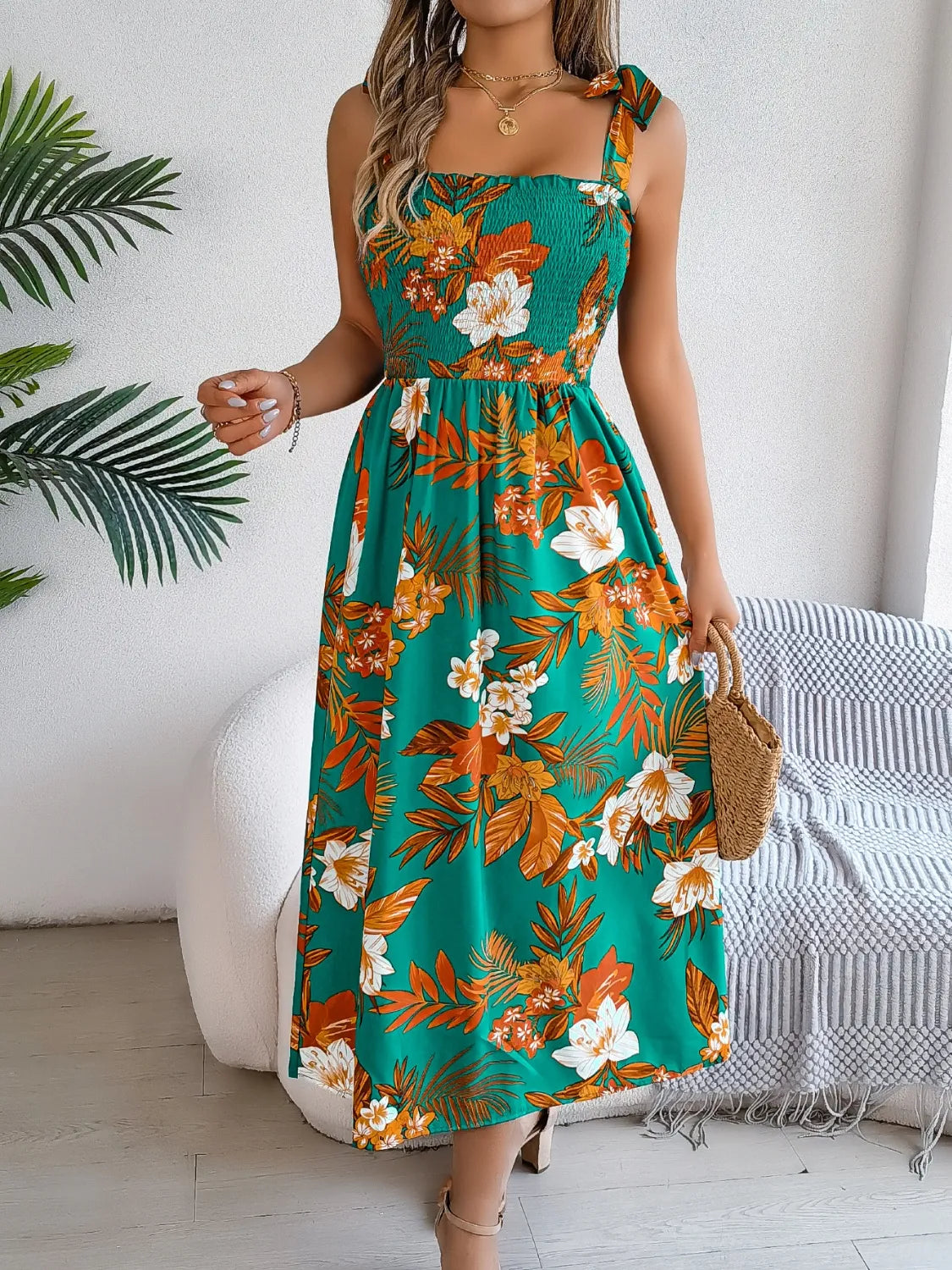 Persephone Smocked Floral Tie Shoulder Midi Dress — view 12