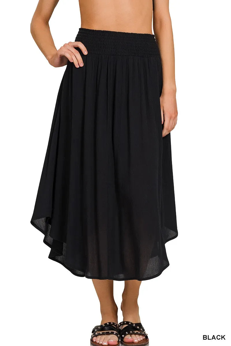 Pele Woven Crinkle Smocked Waist Maxi Skirt W Pockets styled in the studio