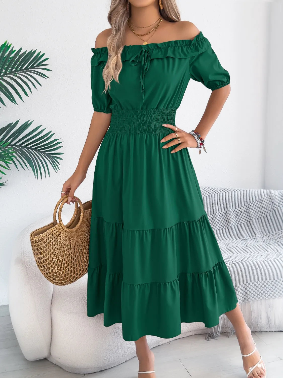 Venus Smocked Off-Shoulder Tiered Dress — view 8