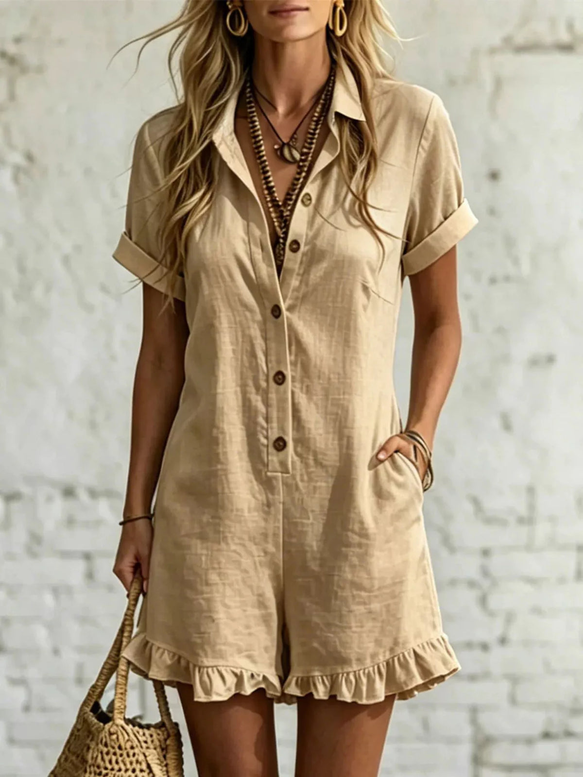Demeter Button Front Ruffled Hem Romper — view 4