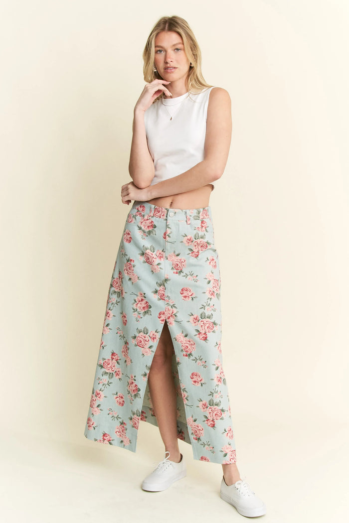 Olwen Floral Print Front Slit Denim Maxi Skirt