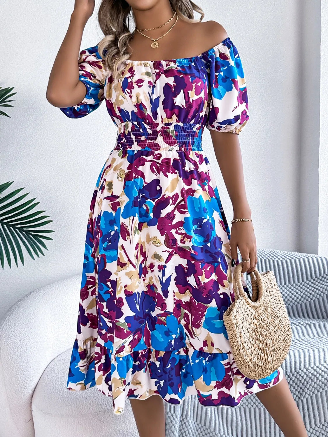Venus Ruffled Hem Smocked Floral Short Sleeve Midi Dress — view 13