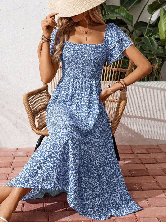 Persephone Floral Print Smocked Ruffle Sleeves Dress