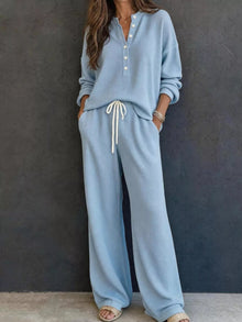 Selene Waffle Knit Henley Top and Wide Leg Pants Set — thumbnail 7