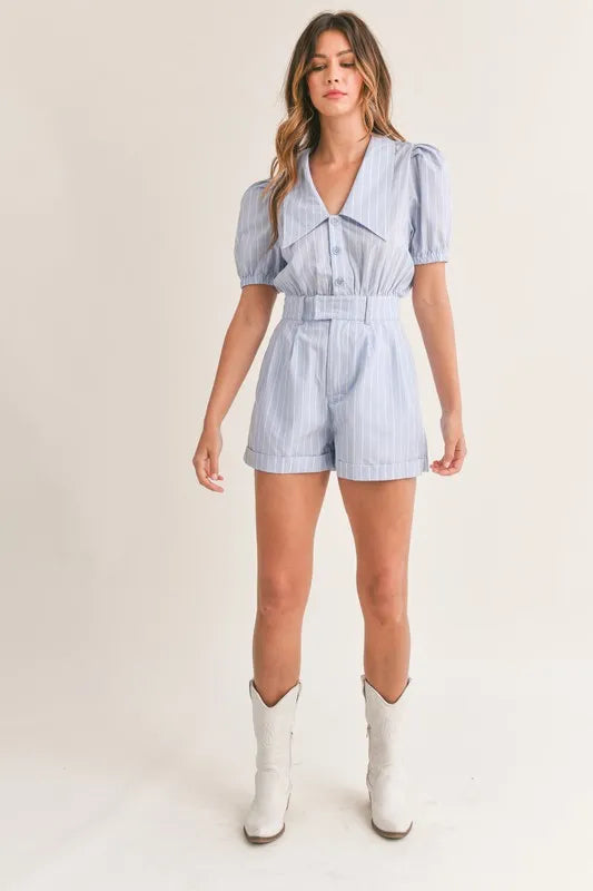 Ishtar Striped Puff Sleeve Collared Neck Romper — view 5