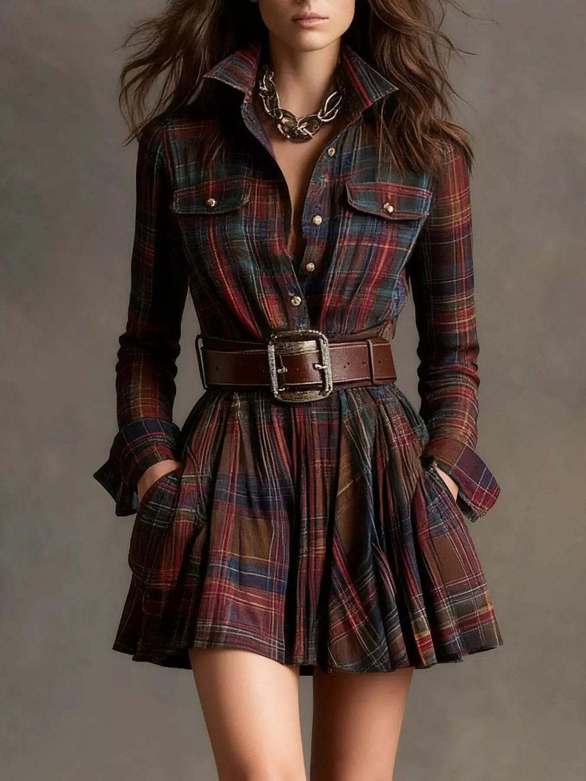 Ishtar Plaid Long Sleeve Shirt Dress — view 1