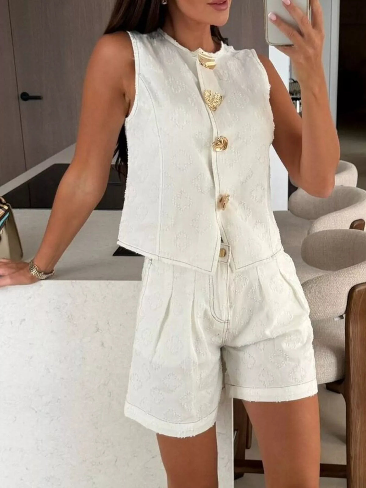 Oshun Embossed Vest and Shorts Denim Set with Gold-Tone Buttons — view 1