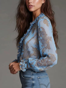 Rhiannon Paisley Print Ruffle Trim Zip-Front Blouse — thumbnail 10