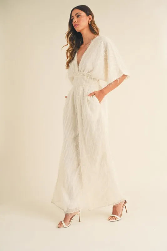 Hera Fluffy Deep V Neck Wide Leg Jumpsuit