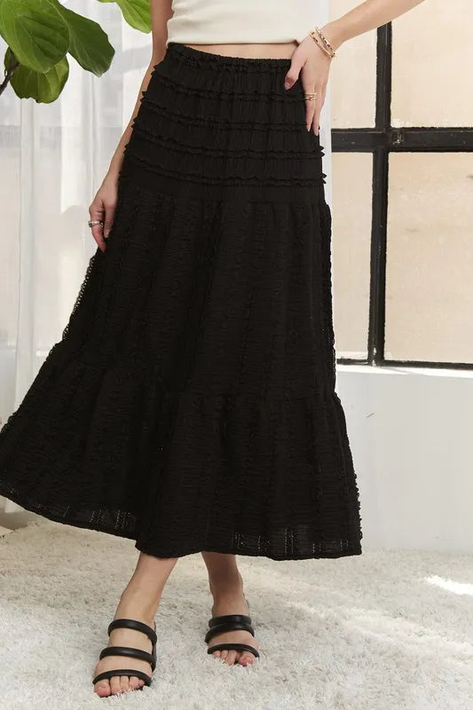 Nyx Elastic Waistband Tiered Midi Skirt