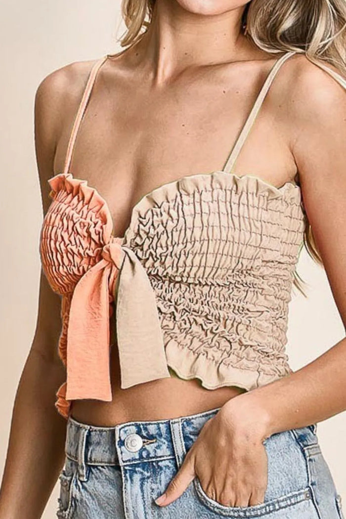 Hathor Woven Color Block Smocked with Ribbon Bra Top