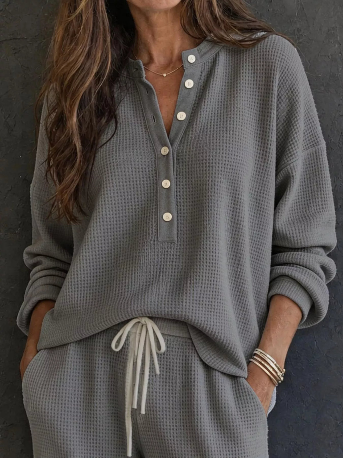 Selene Waffle Knit Henley Top and Wide Leg Pants Set — view 11