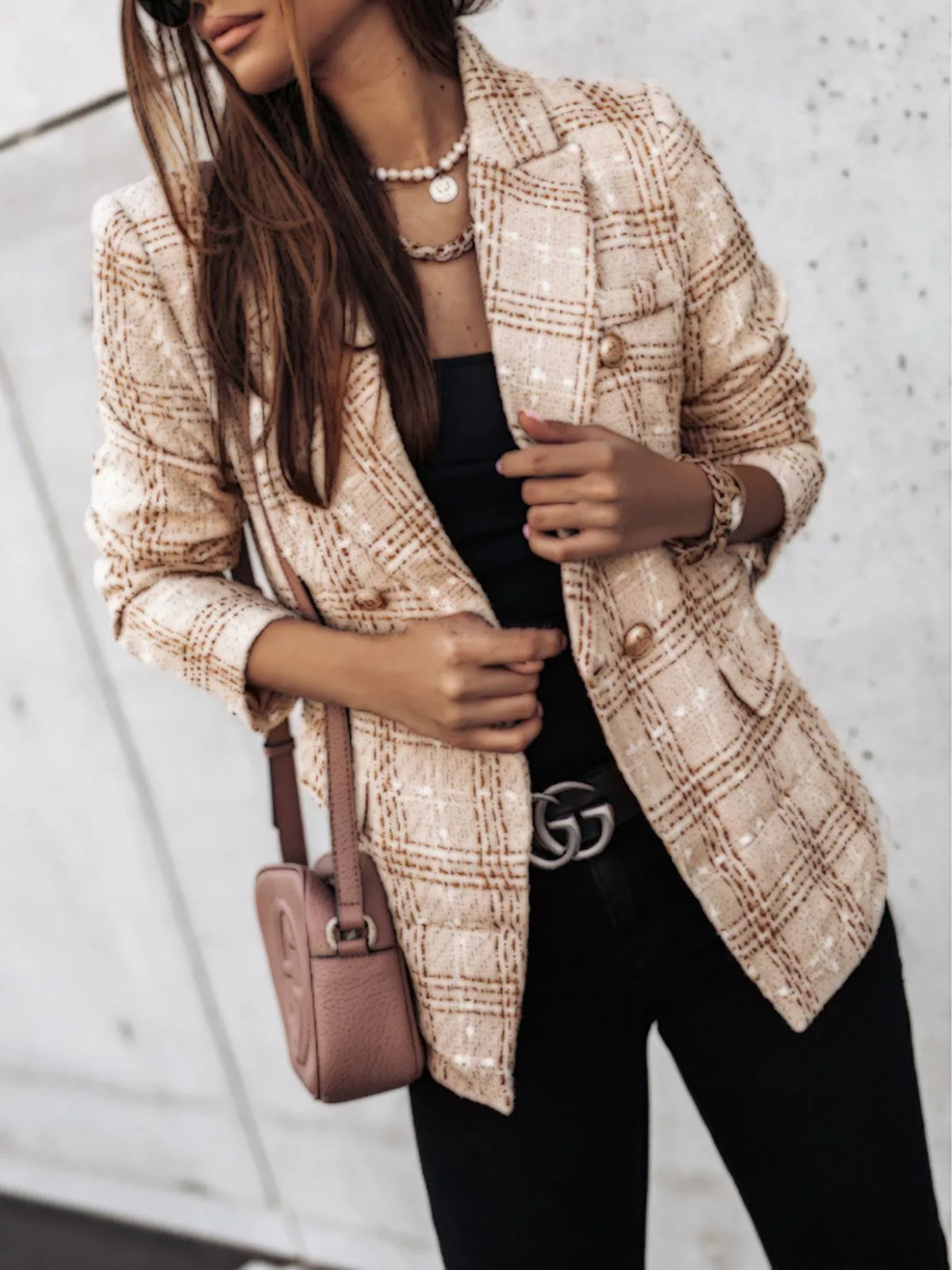 Athena Plaid Tweed Double-Breasted Blazer — view 10
