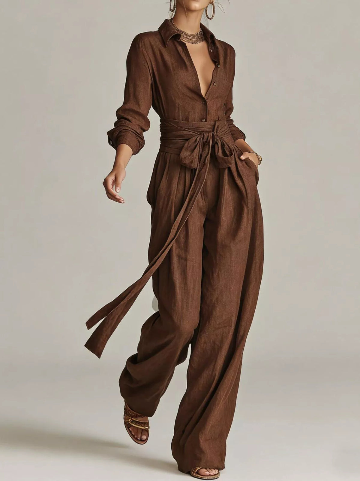 Hera Long-Sleeve Button-Down Waist-Tie Jumpsuit — view 3