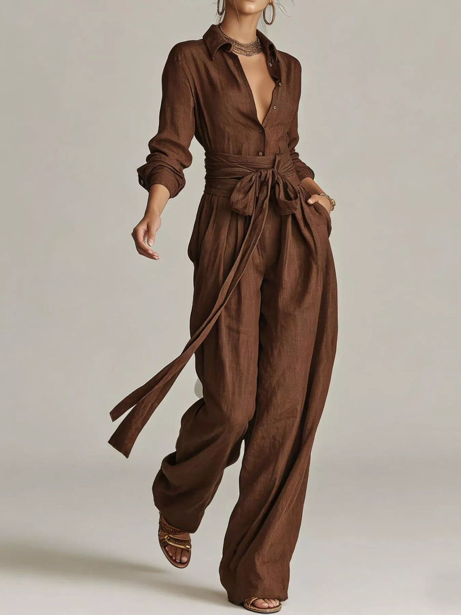 Hera Long-Sleeve Button-Down Waist-Tie Jumpsuit styled in the studio