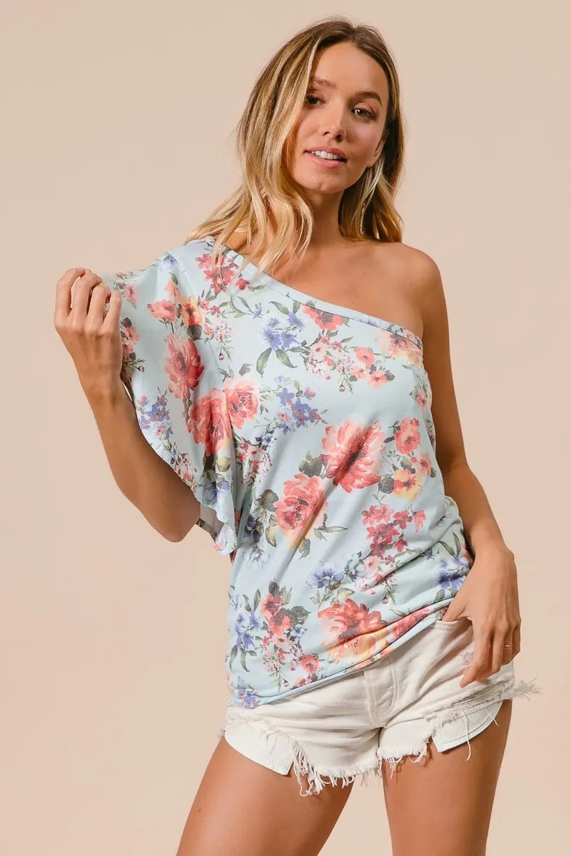 Olwen Floral Printed Jersey Knit Ruffle Sleeve Top — view 7