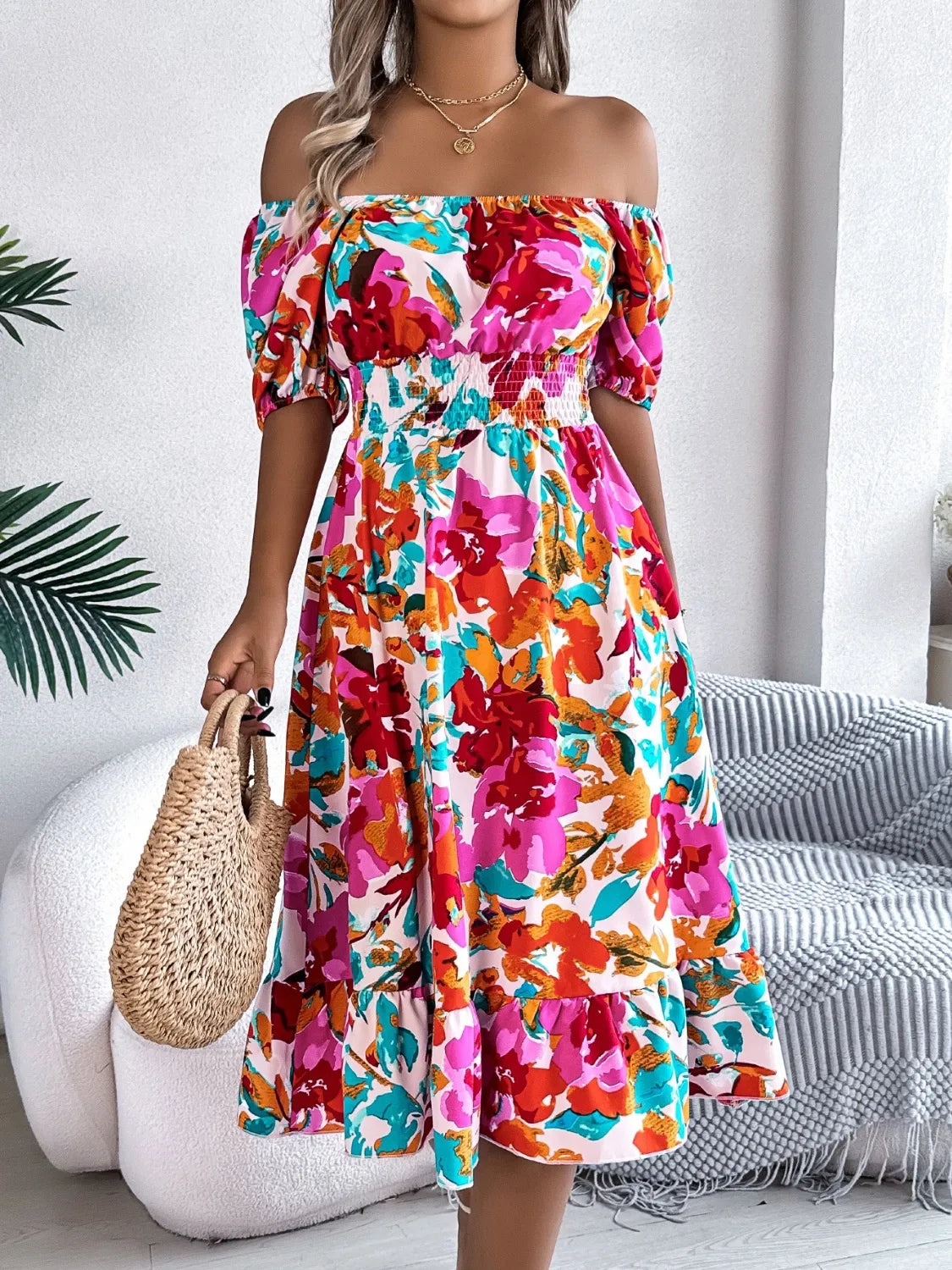 Venus Ruffled Hem Smocked Floral Short Sleeve Midi Dress — view 2