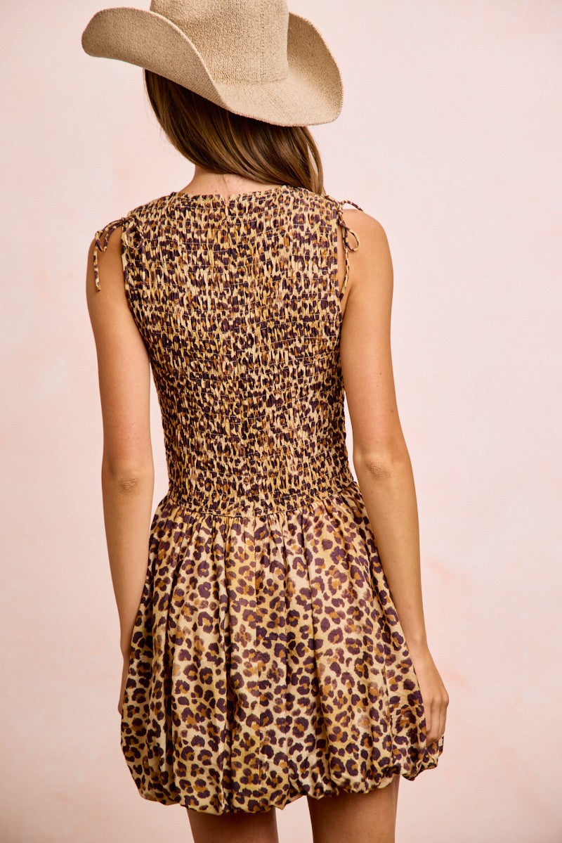 Fortuna Leopard Bow Tie Attachable Puff Sleeves Dress — view 29