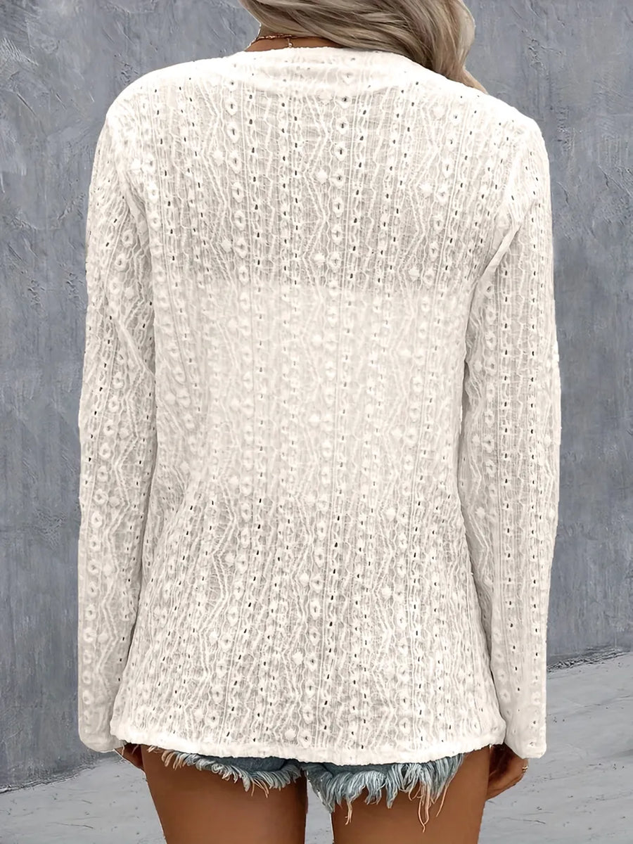Brigid Eyelet Roll-Tab Sleeve Cardigan styled in the studio