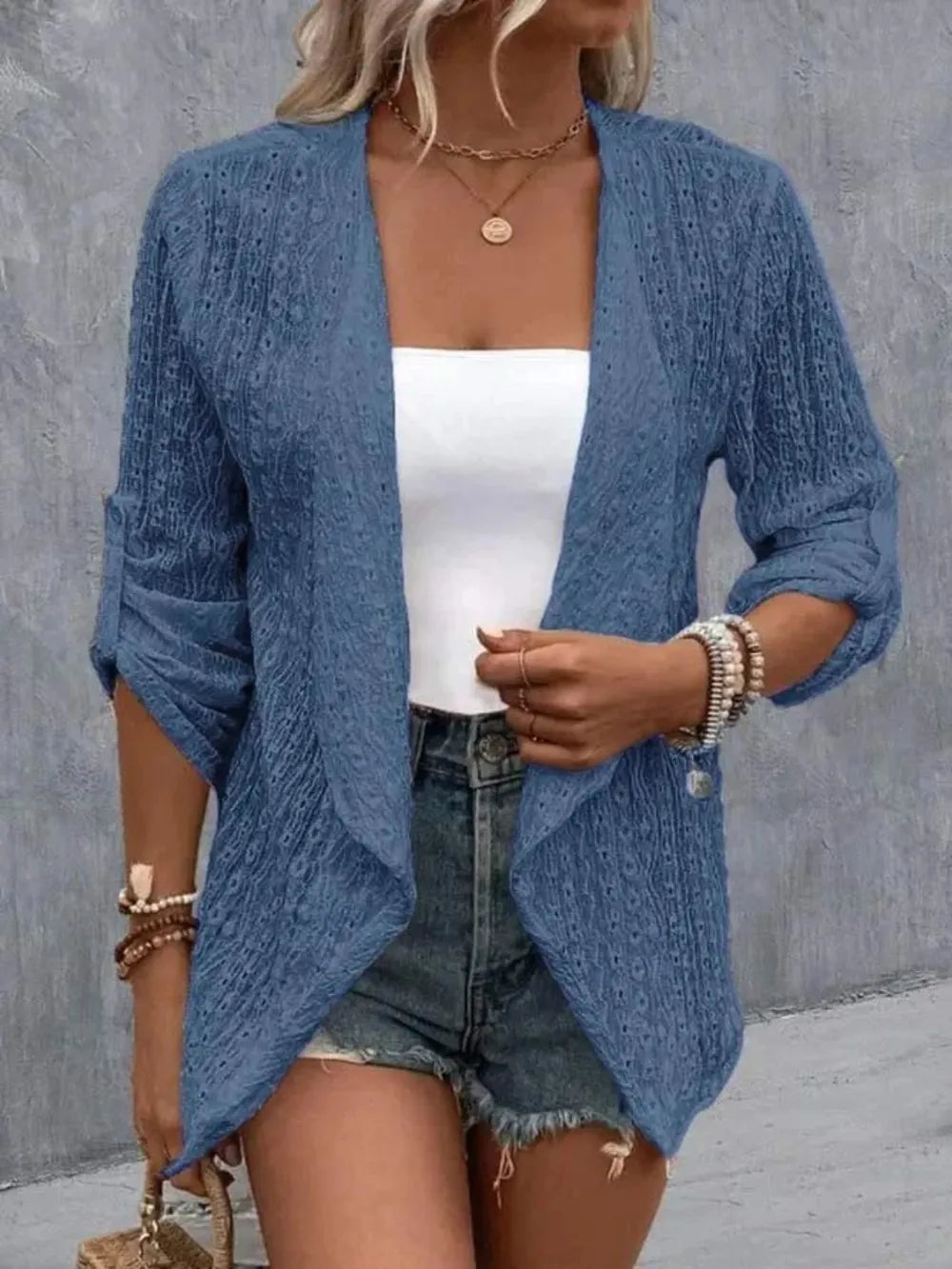Brigid Eyelet Roll-Tab Sleeve Cardigan — view 7