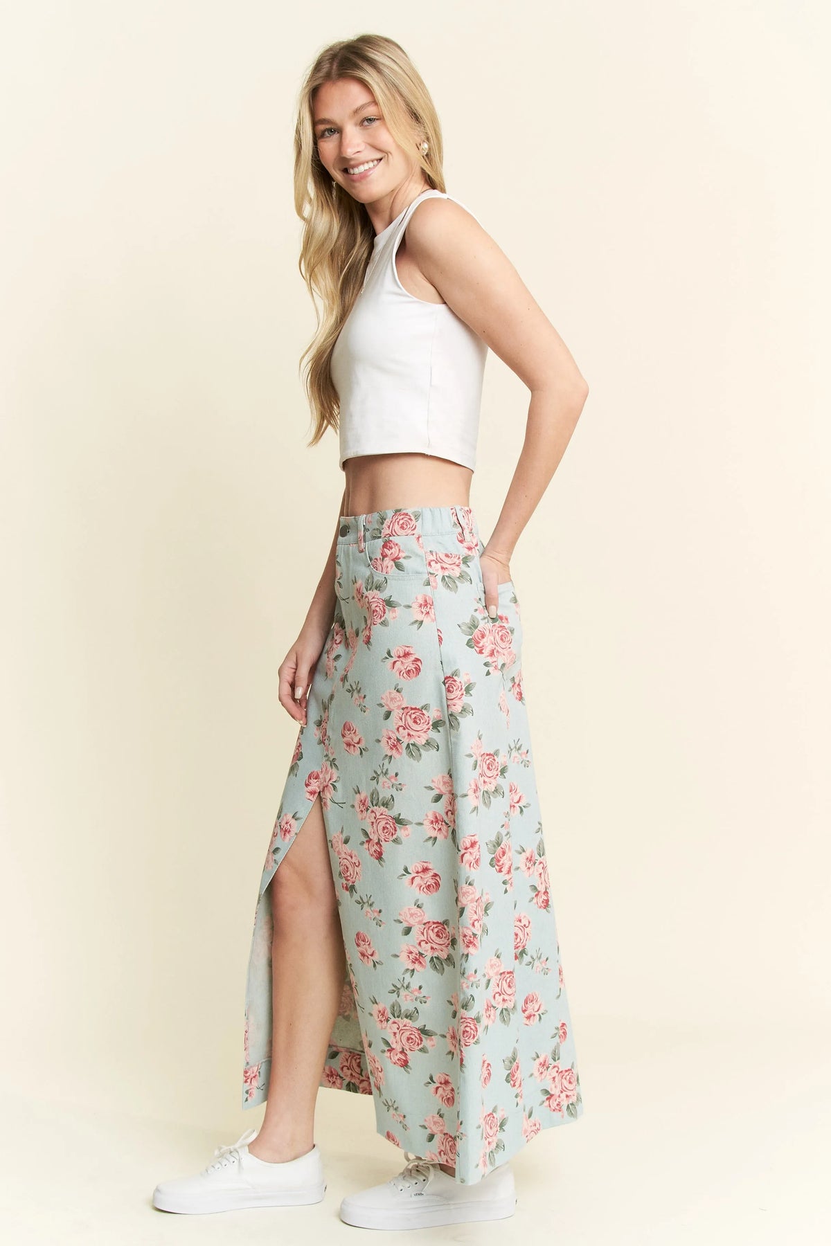 Olwen Floral Print Front Slit Denim Maxi Skirt — view 2