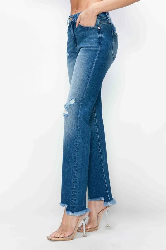 Artemis Raw Hem Distressed Mid Rise Straight Jeans — view 6
