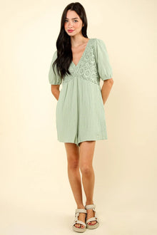 Aphrodite Lace Detail Puff Sleeve Romper with Pockets — thumbnail 4