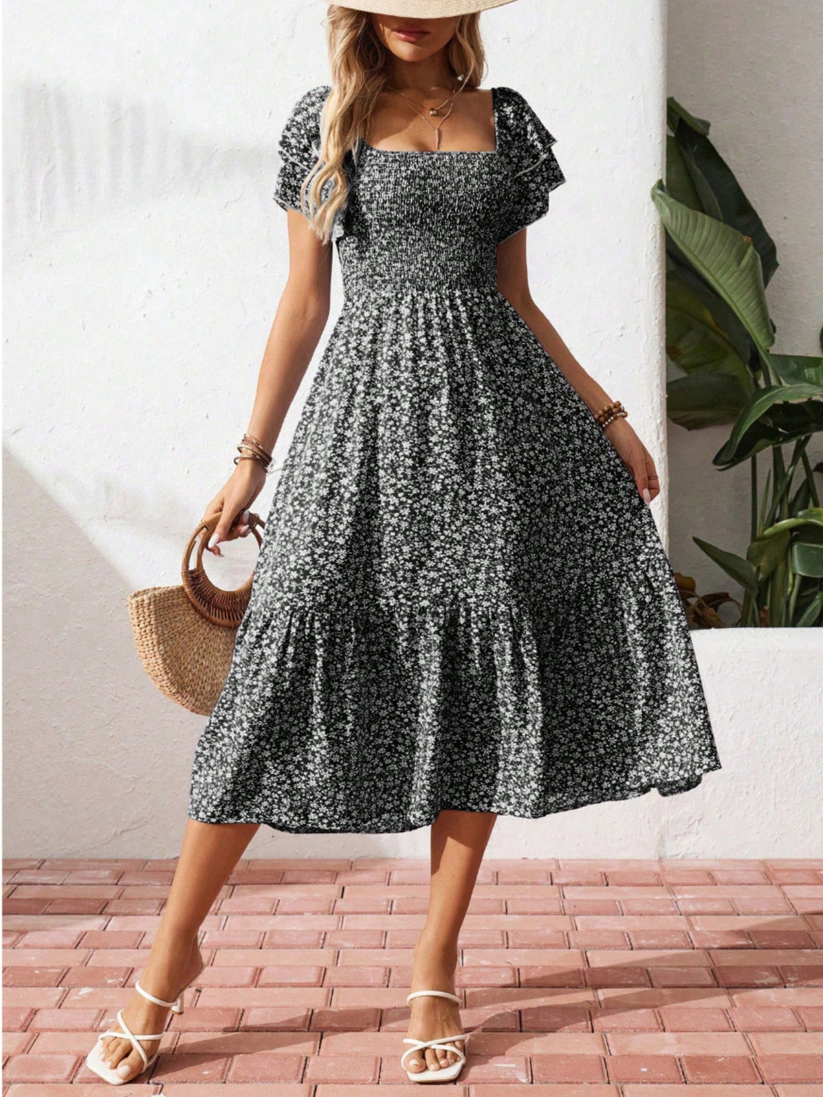Persephone Floral Print Smocked Ruffle Sleeves Dress — view 13