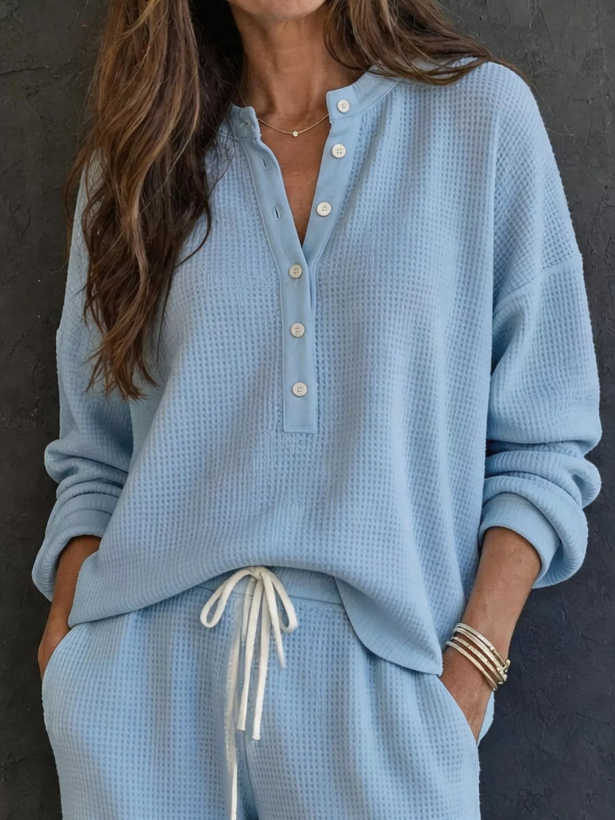 Selene Waffle Knit Henley Top and Wide Leg Pants Set — view 8