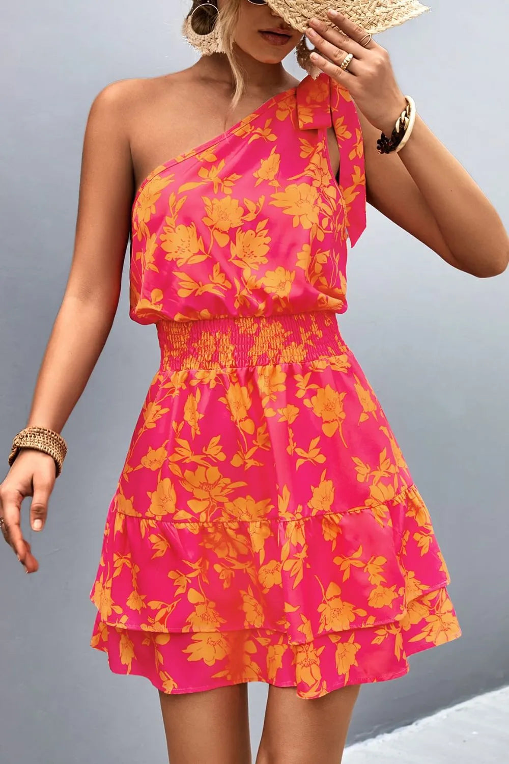 Venus Tied Smocked Printed Single Shoulder Dress — view 4