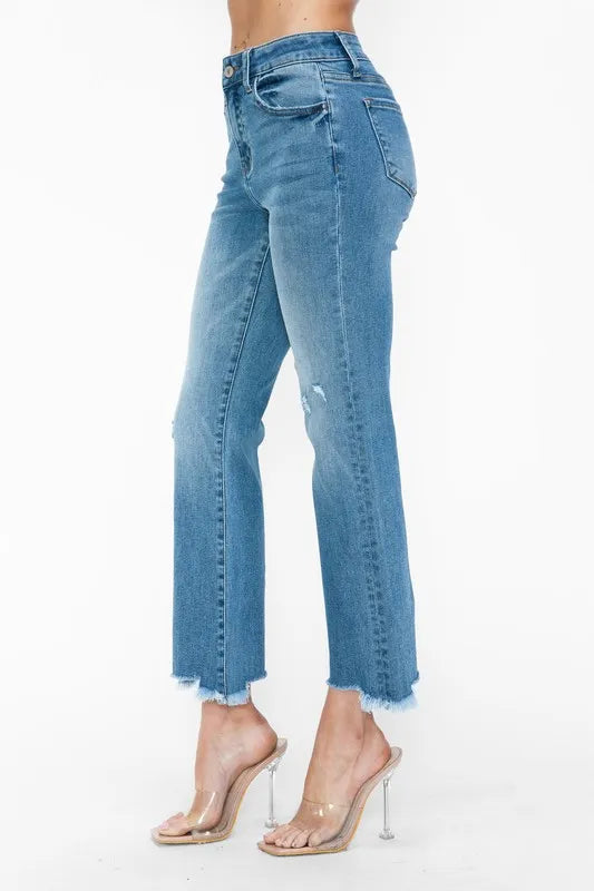 Artemis Raw Hem Distressed Mid Rise Crop Jeans — view 8
