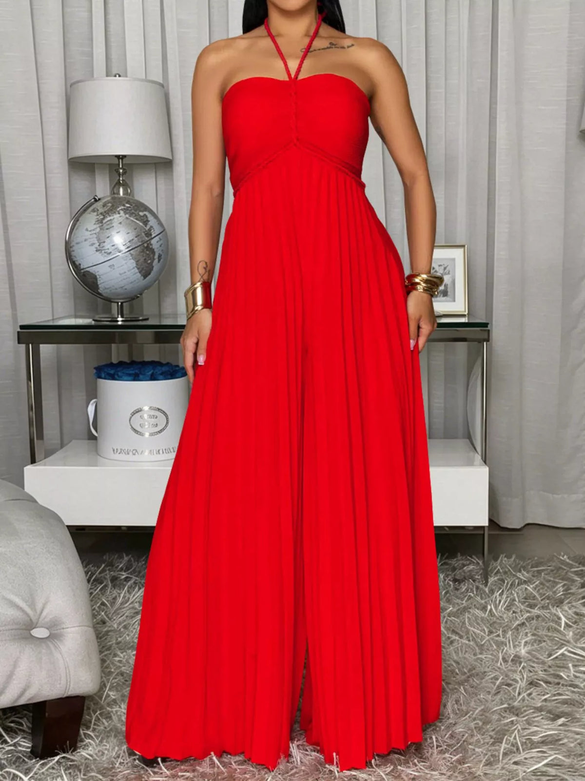Hera Pleated Halter Neck Wide Leg Jumpsuit — view 5