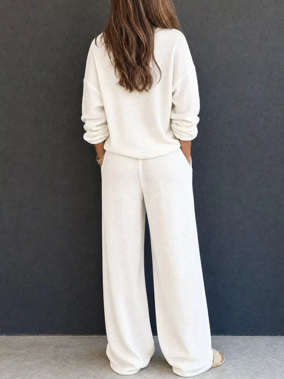 Selene Waffle Knit Henley Top and Wide Leg Pants Set — view 3