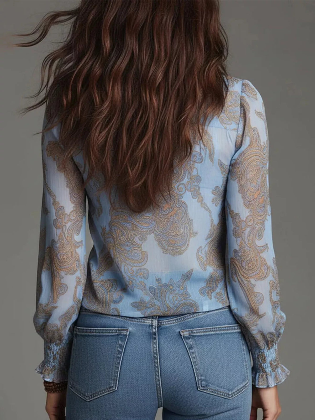 Rhiannon Paisley Print Ruffle Trim Zip-Front Blouse — view 11
